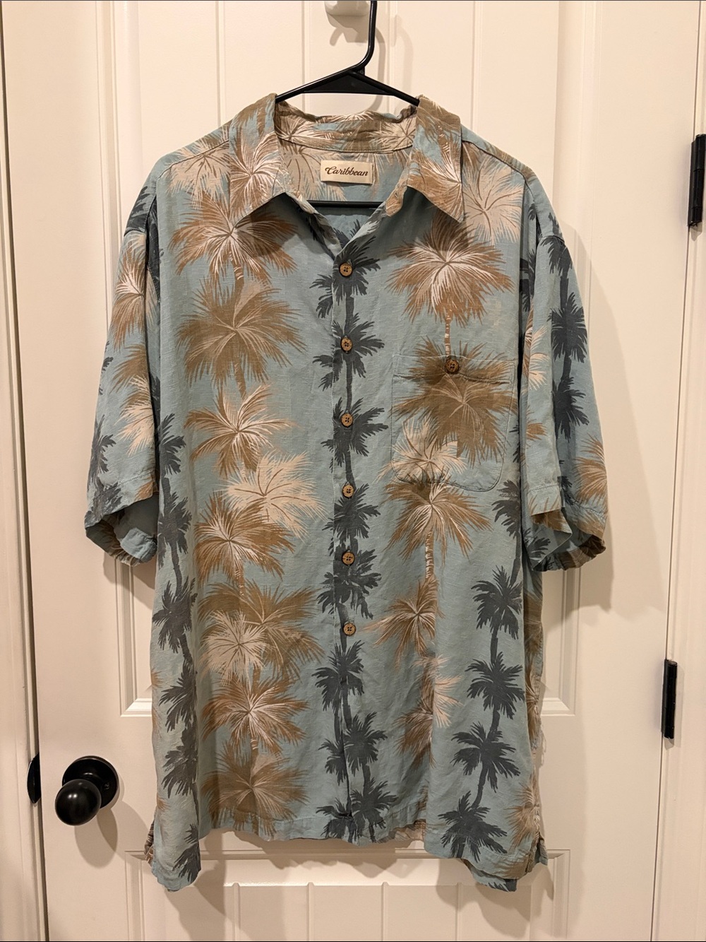 Caribbean Light Blue Palm-Print Short Sleeve Button-Up Shirt